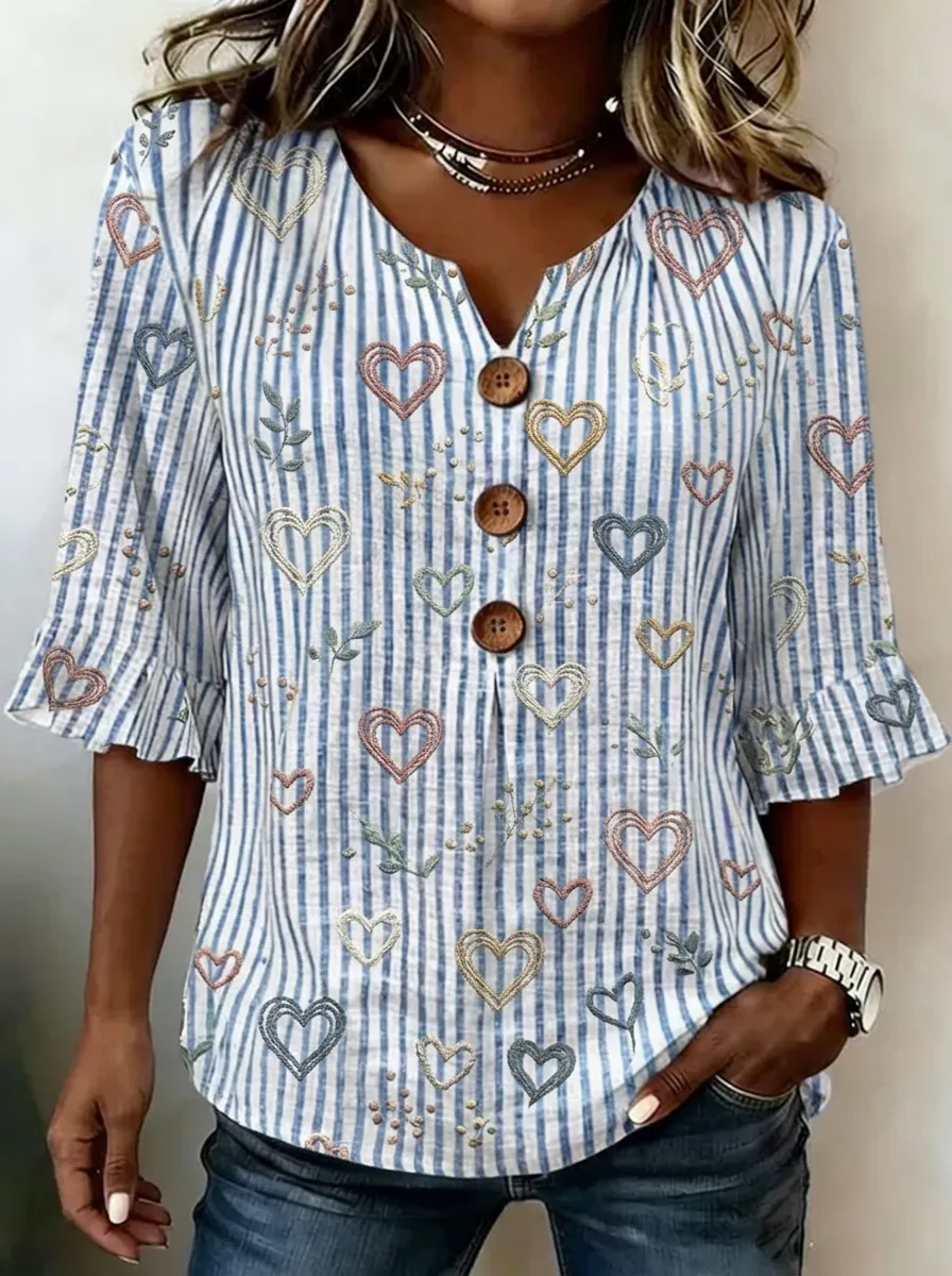 Women's Nashville Heart Striped Printed V-Neck Button Top