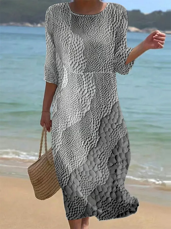 Women's Casual Round Neck Mid Sleeve Print Cotton and Linen Dress