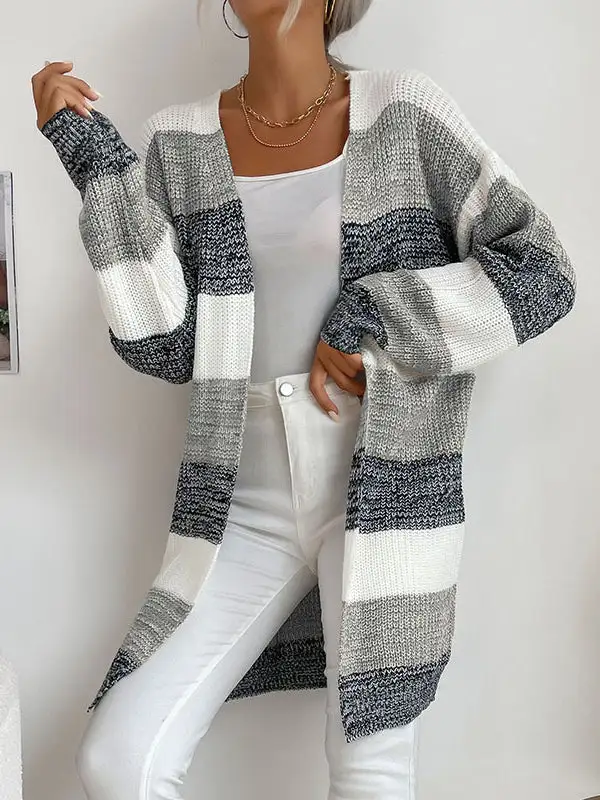 Casual Knit Cardigan Striped Colorblock Sweater Jacket
