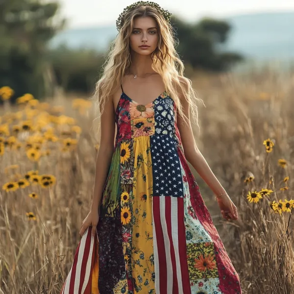 Vintage Floral American Flag Element Print Women's Linen Slip Dress