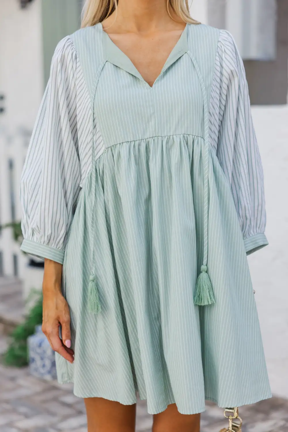 Through The Years Mint Green Striped Babydoll Dress