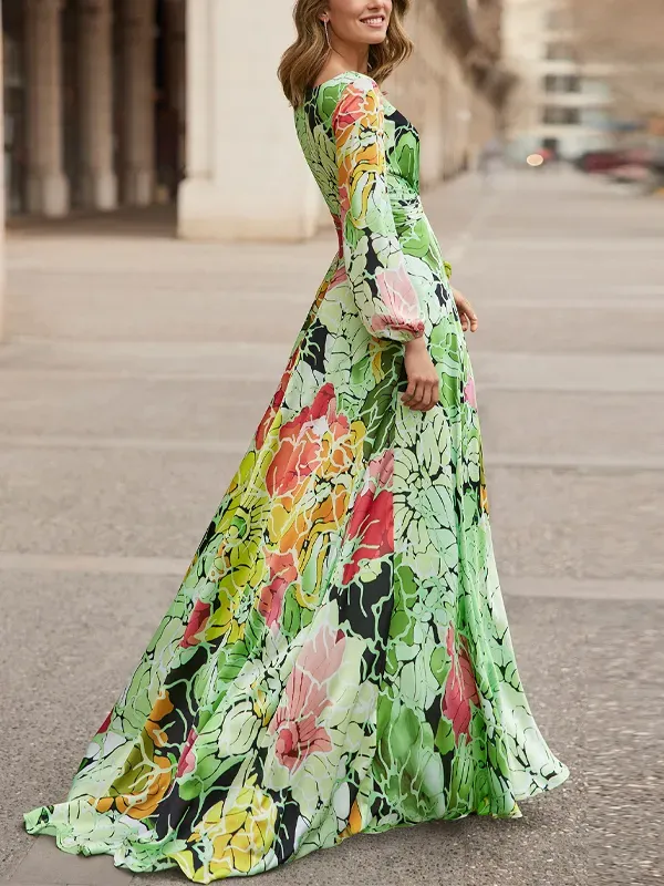 V-neck Long-sleeved Printed Maxi Dress