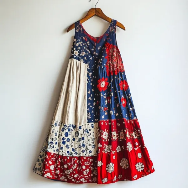 American Flag Color Inspired Floral Patchwork Linen Midi Dress