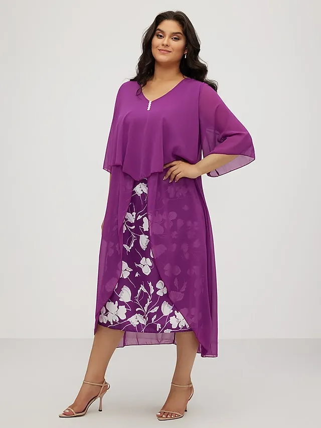 Women‘s Plus Size Curve Work Dress Floral V Neck Ruched 3/4 Length Sleeve Spring Summer Work Elegant Midi Dress  Layered Formal Vacation Dress Wedding Guest Dress