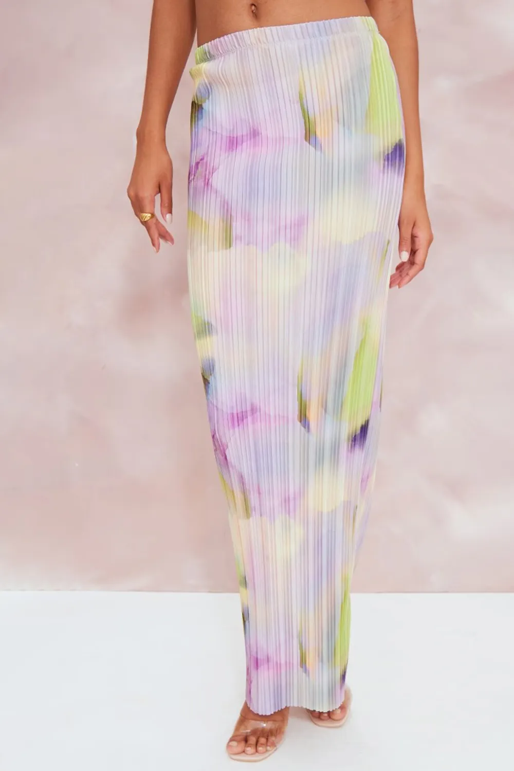 Multi Watercolour Print Plisse Strappy Cowl Neck Top And Skirt Set