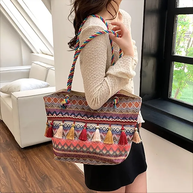 Women's Tote Shoulder Bag Hobo Bag Straw Bag Polyester Holiday Beach Tassel Zipper Large Capacity Breathable Lightweight Color Block Patchwork Folk Red Blue Orange