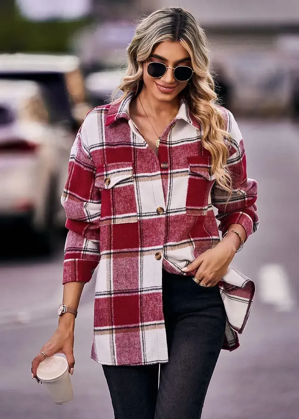 Women's 2023 Fall Clothes Plaid Shacket Jacket Long Sleeve Button Down Flannel Shirts Fashion Blouse
