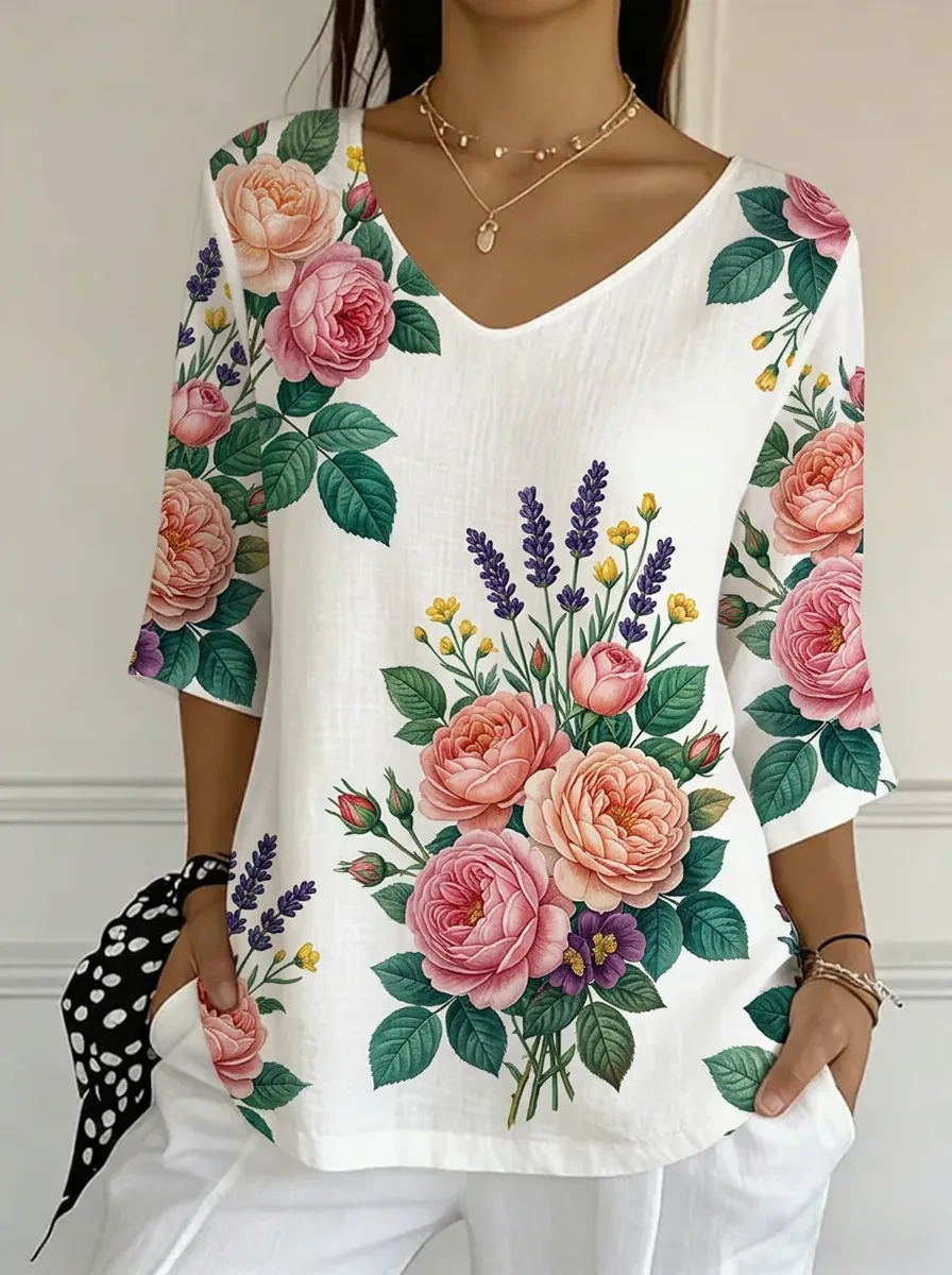 Women's Nashville Floral Rose Lavender Printed V-neck Top