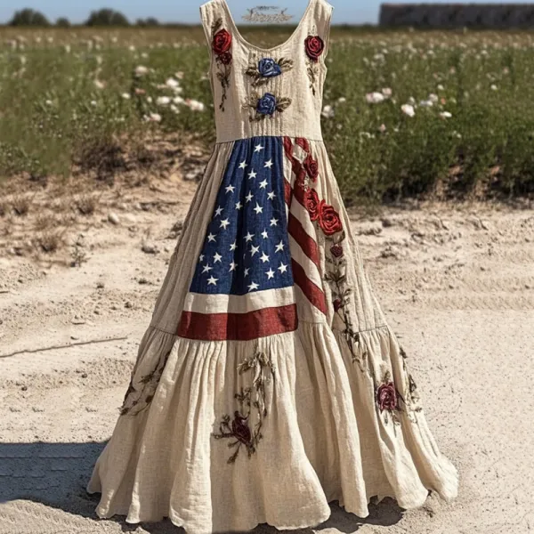 Vintage Independence Day Flag Inspire Linen Maxi Dress