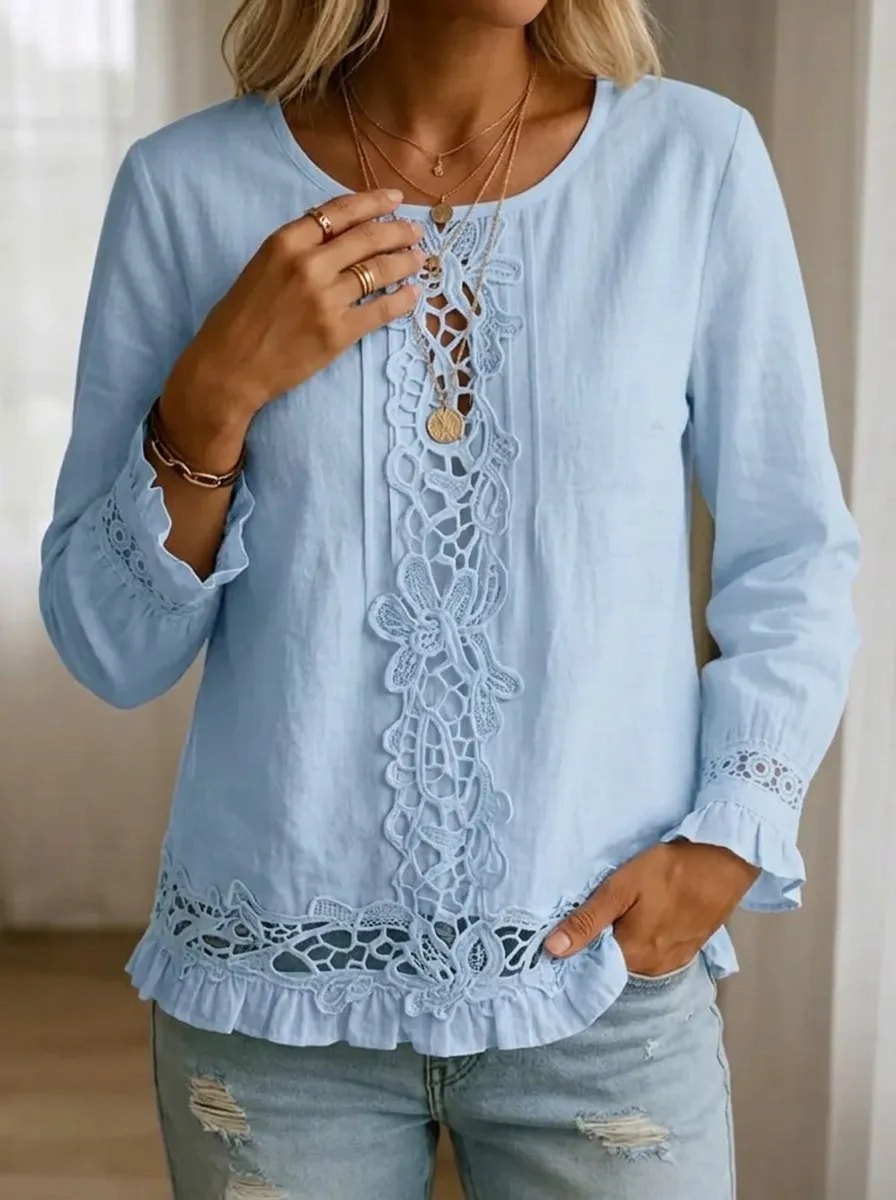 Women's Nashville Country Style Lace Trimmed Long Sleeve Top