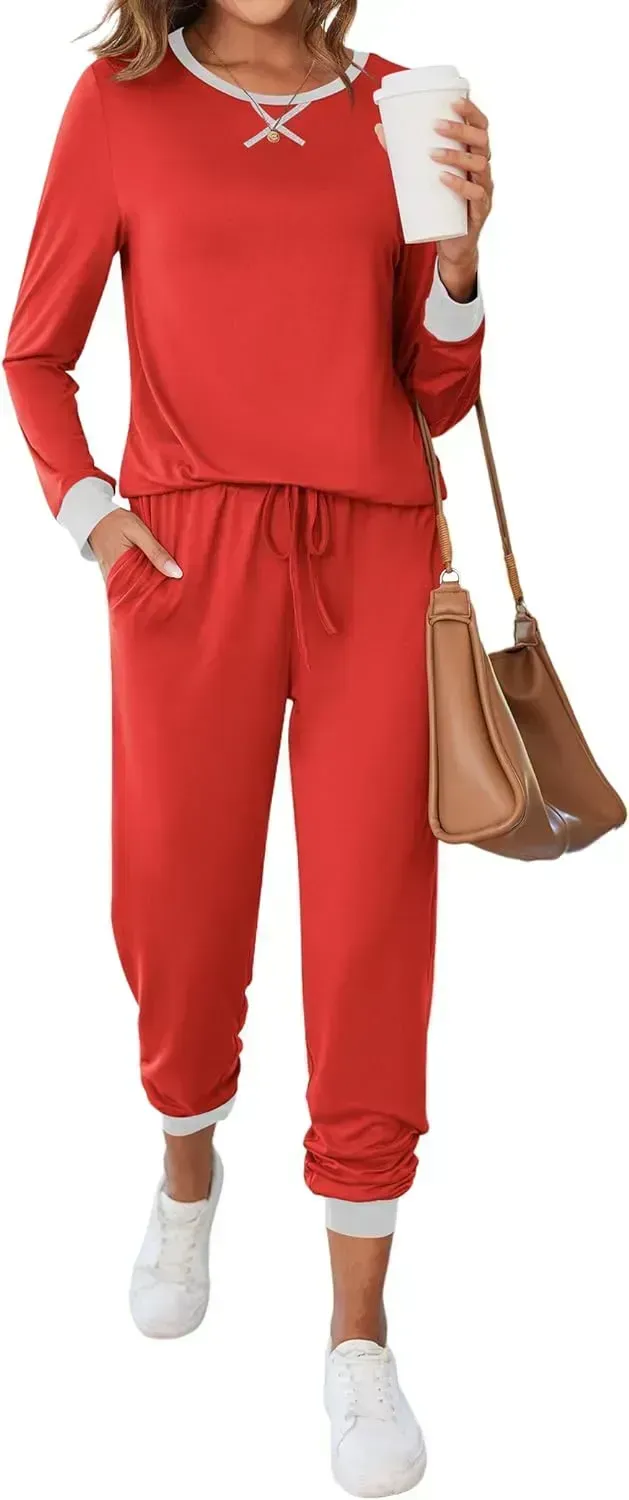 Women's Pajamas Sets Long Sleeve with Plaid Pants Soft Sleepwear O Neck 2 Piece Pjs Joggers Loung Set with Pockets