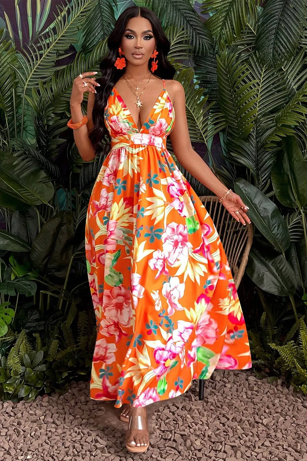 Sexy Deep V-neck Floral Dress