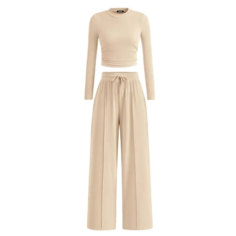 2-Piece Ribbed Knit Long Sleeve Crop Top Wide Leg Pants