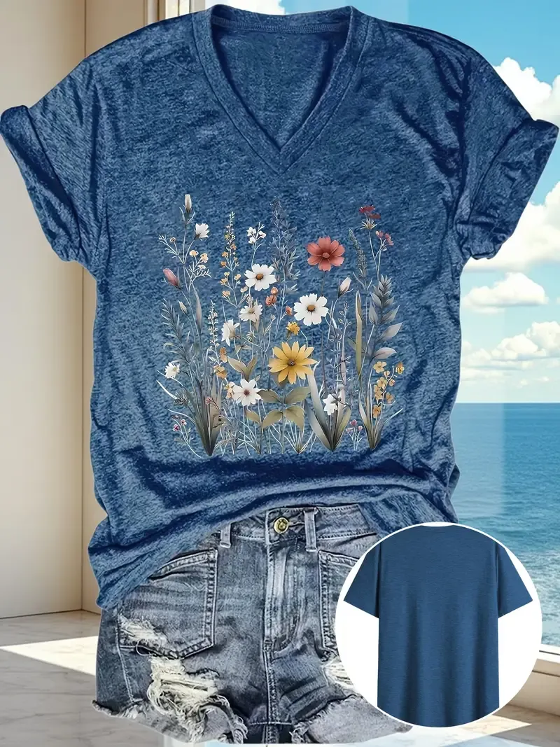 Cross-border European and American Women's Clothing Amazon V-neck Short Sleeve Casual Loose Top Bottoming Short Sleeve T-shirt