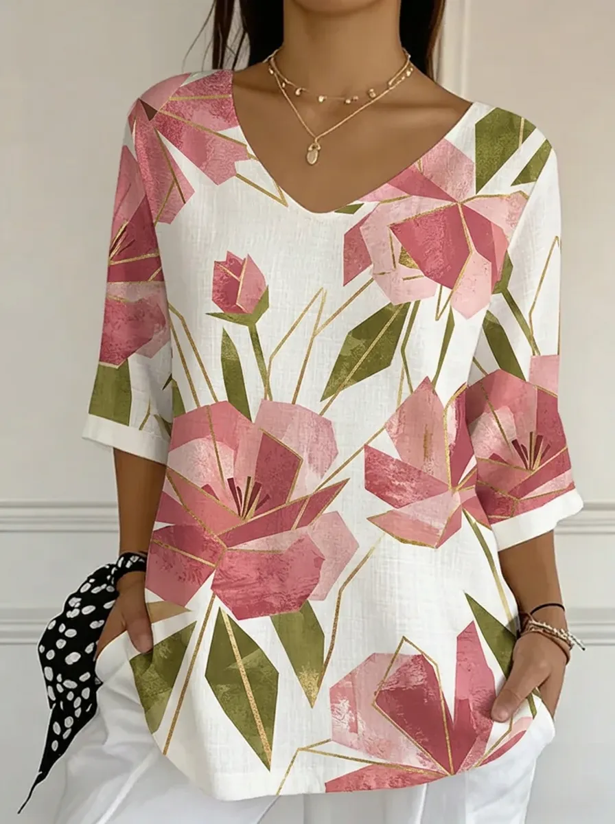 Women's Nashville Floral Geometric Printed V-Neck Top