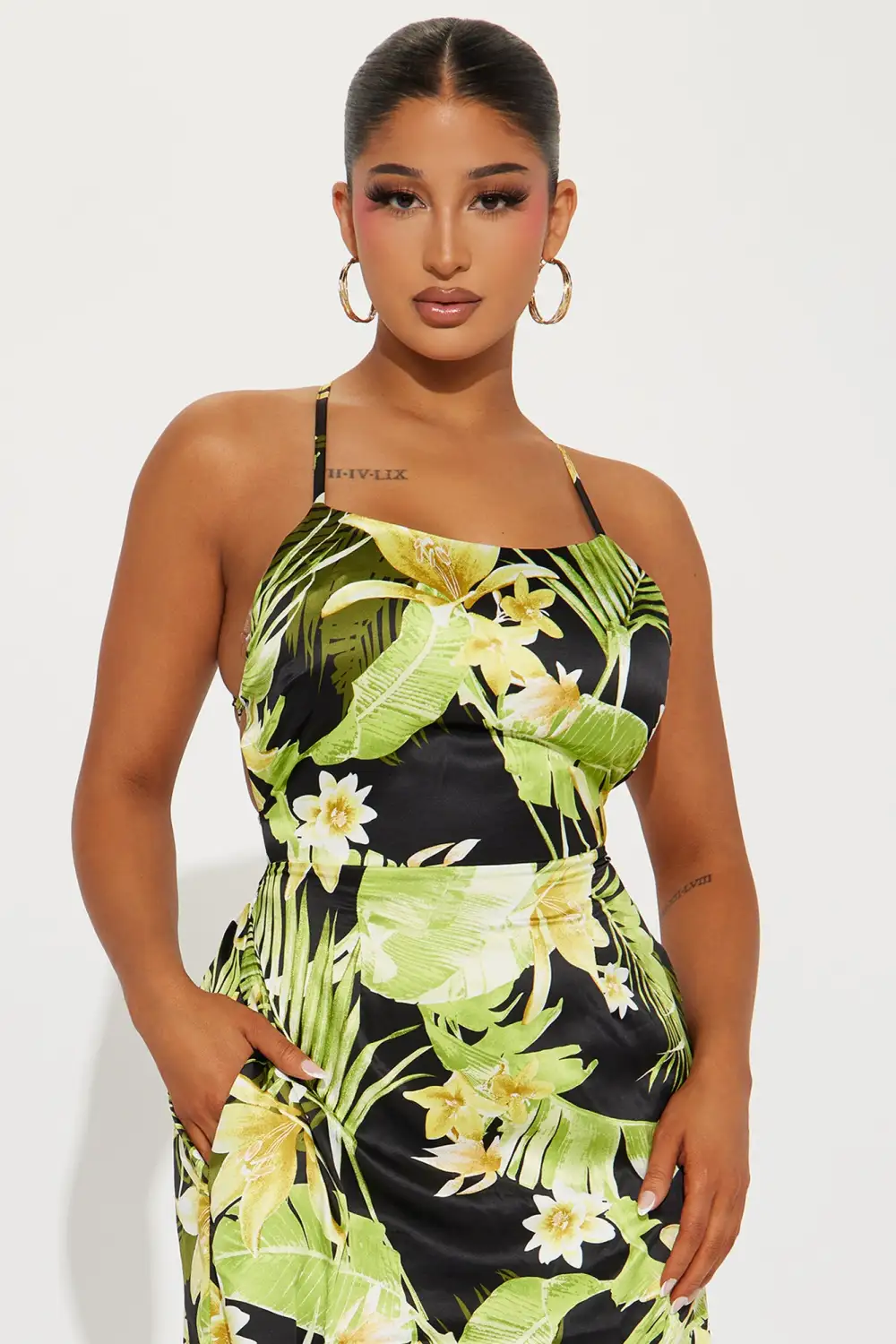 Erin Satin Tropical Maxi Dress - Black