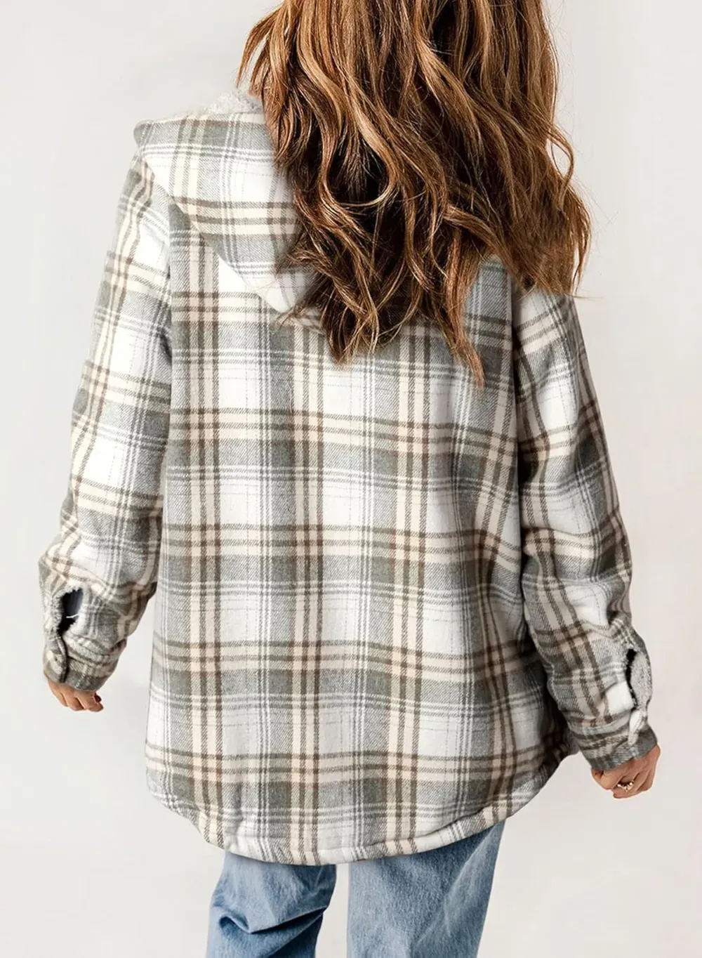 Womens Plaid Shacket Jacket Long Sleeve Button Down Fleece Hooded Jackets Warm Coat