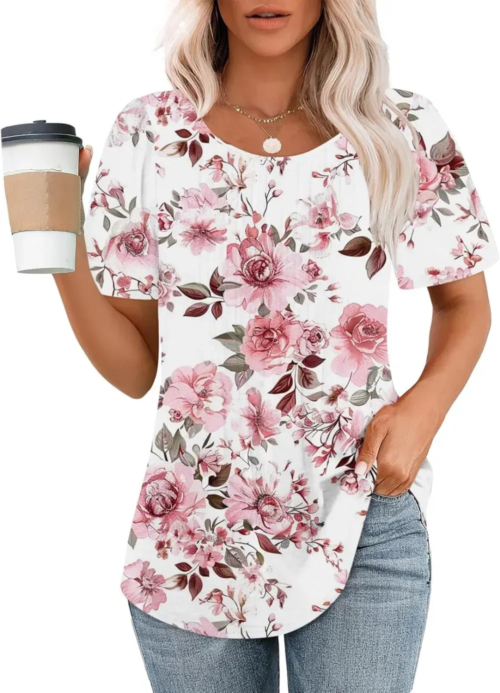 Womens Summer Pleated Front Shirts Tunics Casual Short Sleeved Loose Round Neck Boho Printed Tops Vacation Blouse