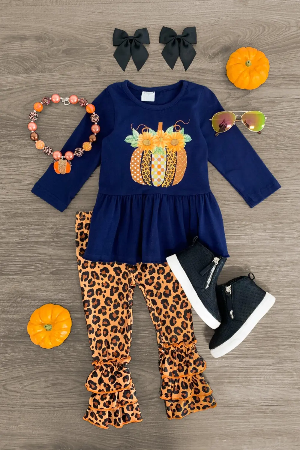 Navy & Orange Leopard Pumpkin Ruffle Pant Set