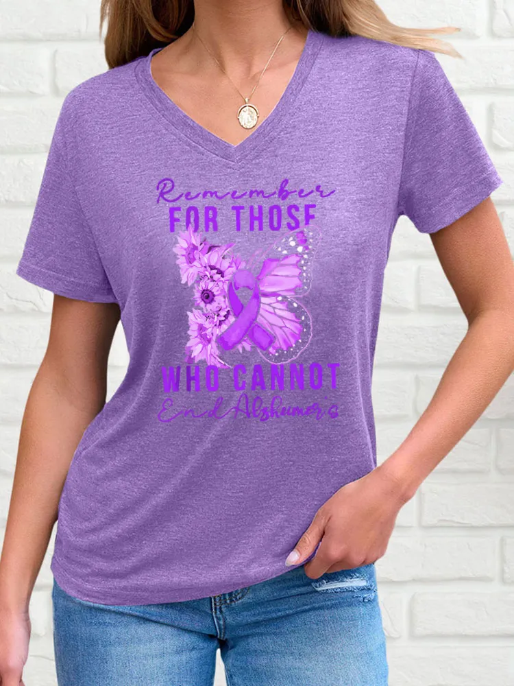 Women'S V-Neck Short-Sleeved T-Shirt Remember For Those Who Cannot Alzheimer'S Awareness Prints