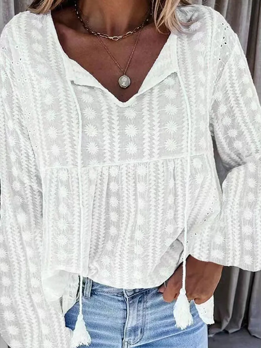 V-neck Casual Loose Embroidered Long-sleeved Blouse