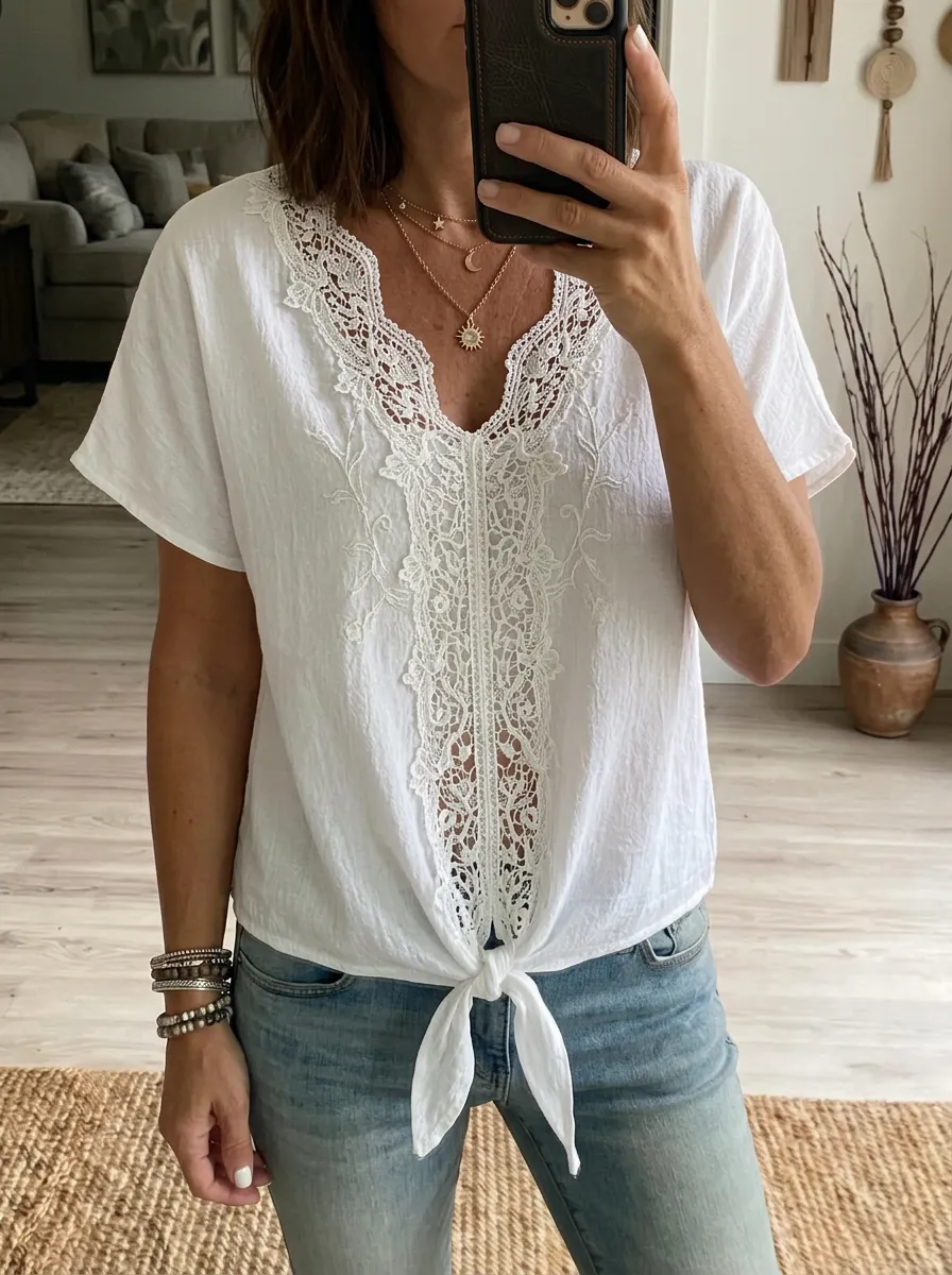 Women's Nashville Country Style Lace Trimmed Tie Front Top