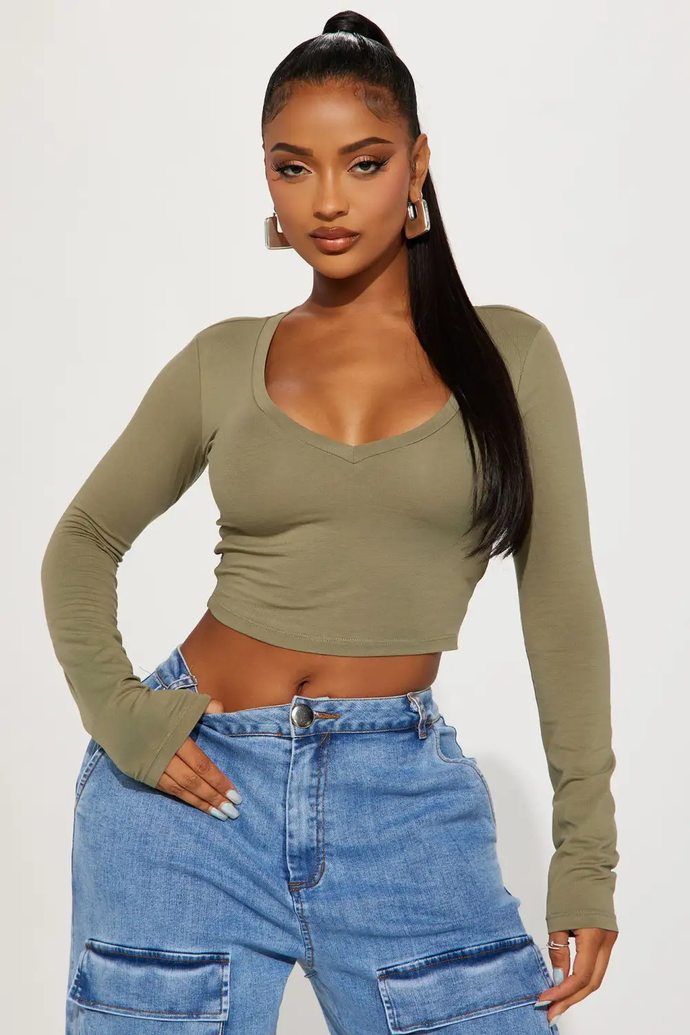 Carly V Neck Crop Long Sleeve Tee - Olive
