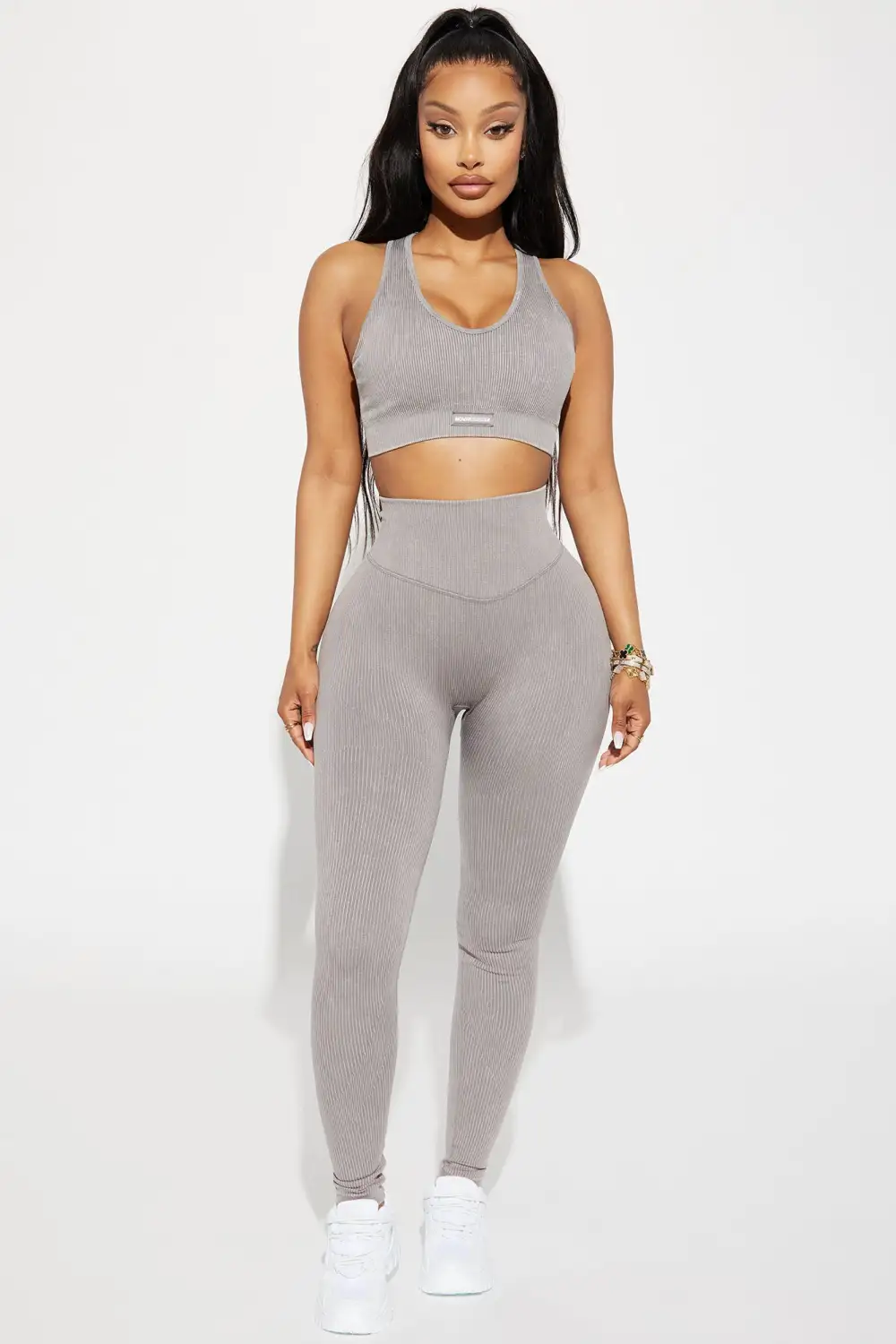 Sadie Washed Ribbed Seamless Active Sports Bra - Charcoal