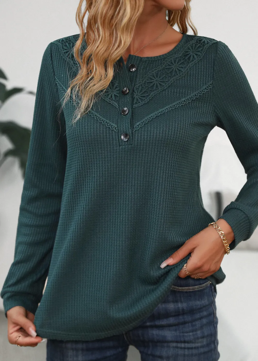 Blackish Green Patchwork Long Sleeve Scoop Neck T Shirt