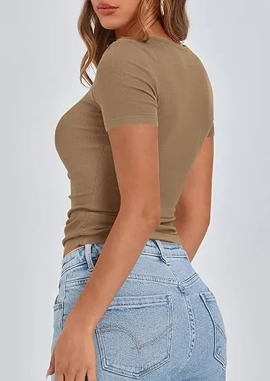 Women's 2025 Summer Short Sleeve Tops Ribbed Knit Henley Button Up Slim Fit Basic Casual T Shirts Blouse