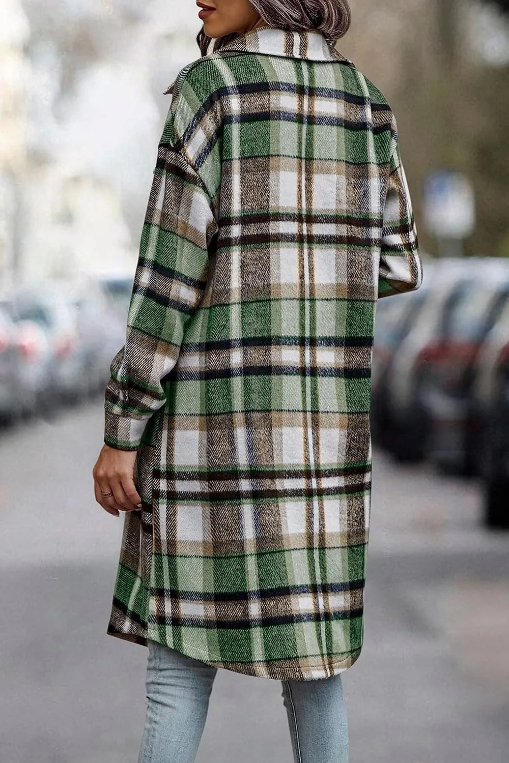 Women's Plaid Shacket 2023 Long Sleeve Button Up Flannel Shirt Winter Tartan Jacket Woolen Coats