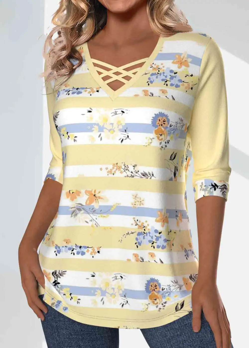Light Yellow Patchwork Striped 3/4 Sleeve T Shirt