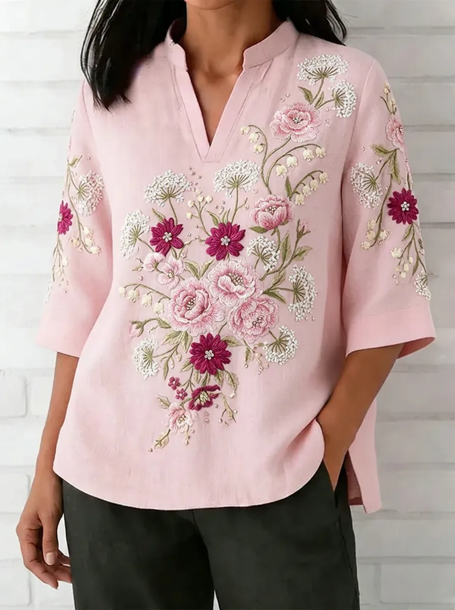 Women's Nashville Floral Embroidered V-Neck Linen Blouse