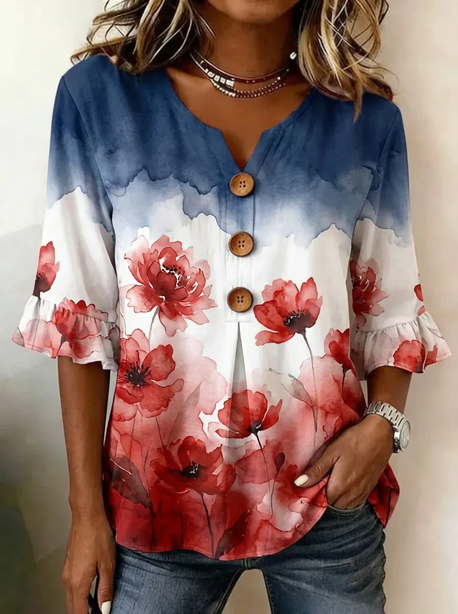 Women's Nashville Floral Watercolor Printed Button V-Neck Top