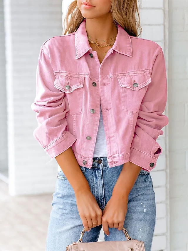 Women's Denim Jacket Outdoor Button Plain Breathable Fashion Regular Fit Outerwear Long Sleeve Fall Light Blue S