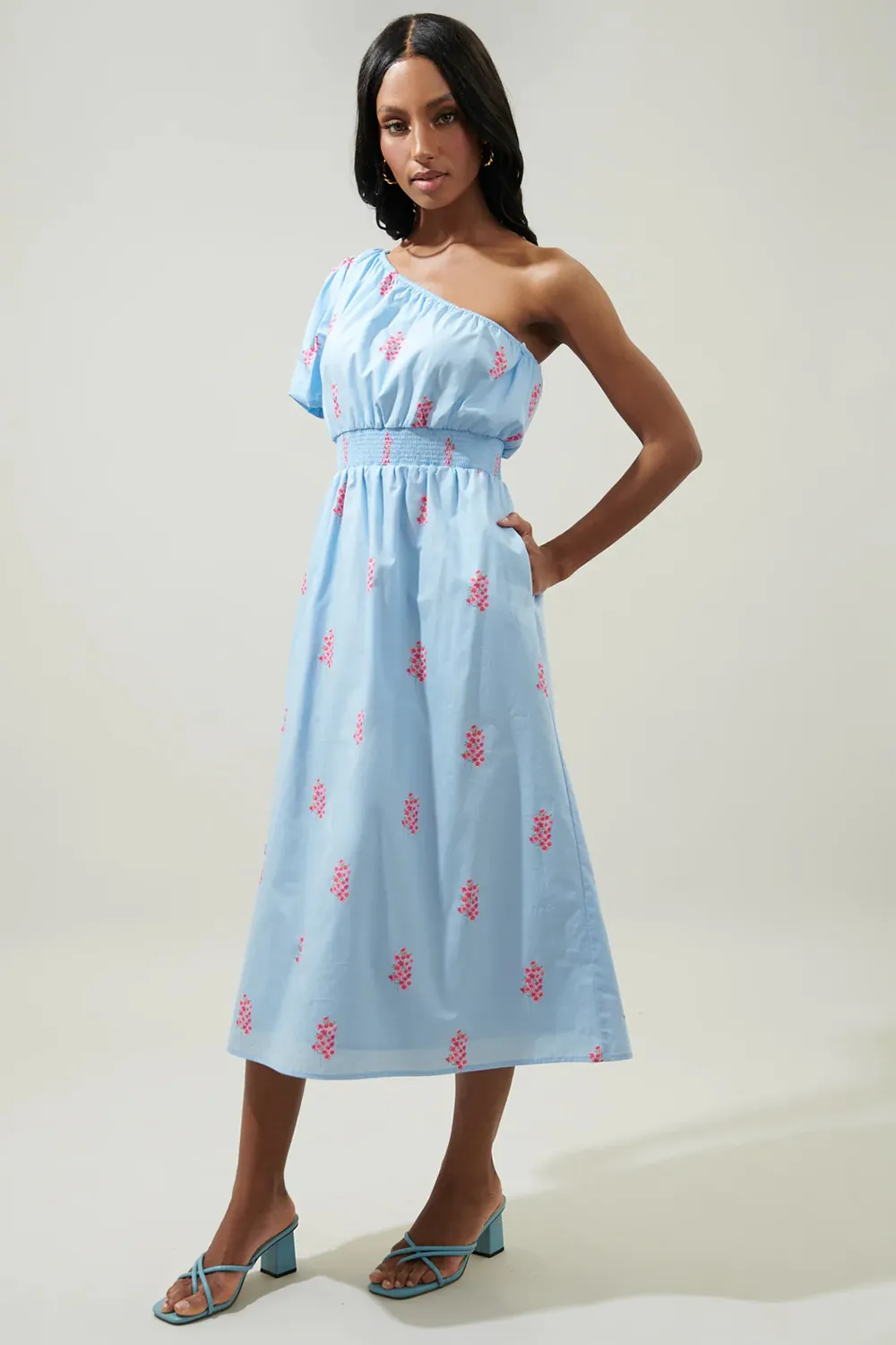 Blue Bridgette One Shoulder Midi Dress