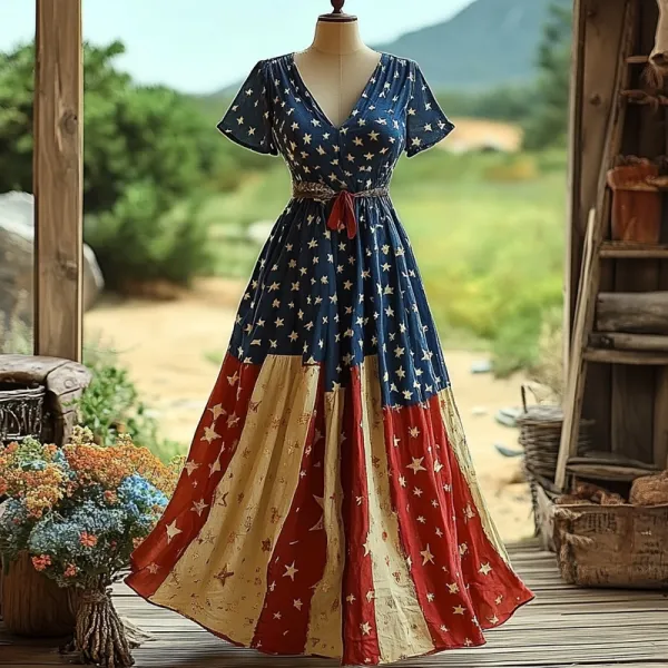 Women's Retro Independence Day Flag Color Print Short Sleeve Dress