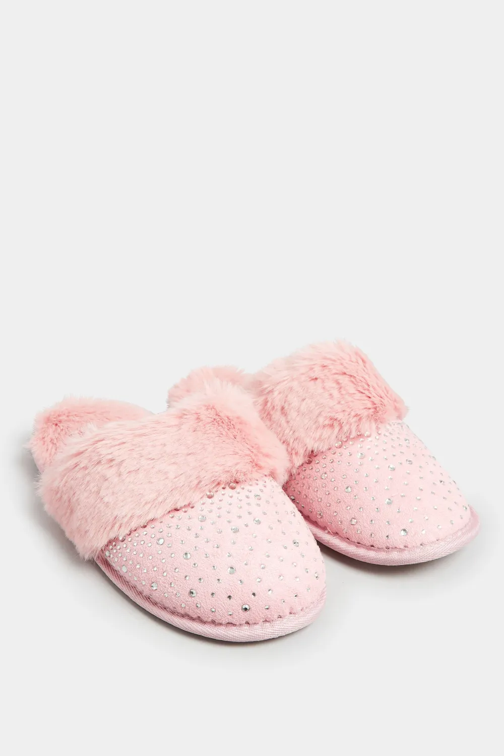 Pink Diamante Faux Fur Slippers In Wide E Fit
