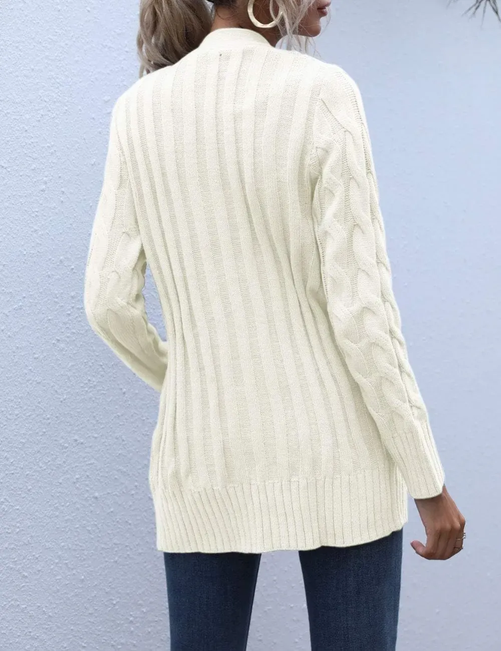 MEROKEETY Women's 2024 Fall Long Sleeve Cable Knit Sweater Open Front Cardigan Button Loose Outerwear