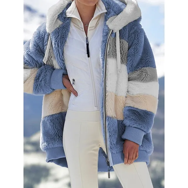 Women's Zip Hoodie Sweatshirt Fleece Pullover Sherpa Fleece Teddy Zip Up Black Wine Blue Color Block Loose Fit Street Casual Hoodie Plus Size Long Sleeve Top Fleece lined Micro-elastic Fall & Winter