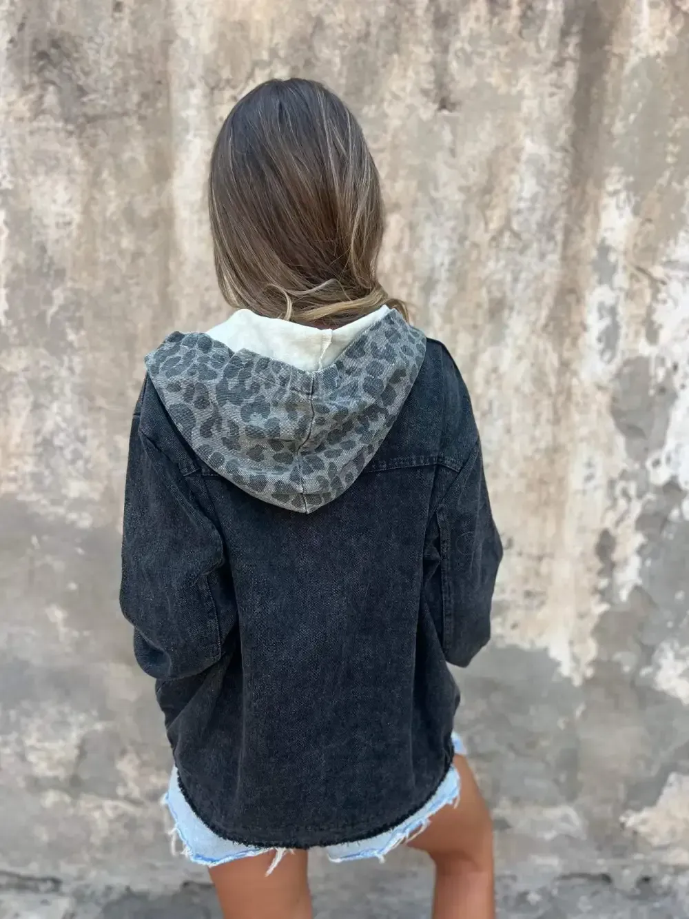 Women's Hooded Leopard Print Denim Patchwork Casual Coat