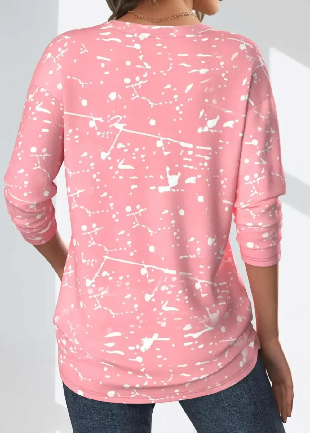 Light Pink Geometric Print Long Sleeve T Shirt