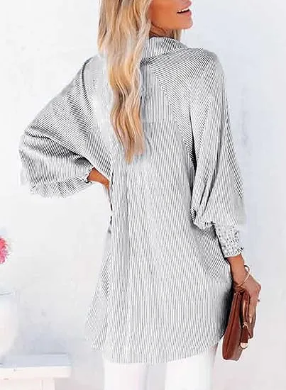 Womens Smocked Cuffed Striped Boyfriend Shirt Casual Collar Long Sleeve Oversized Button Down Blouse Tops with Pocket Shirred