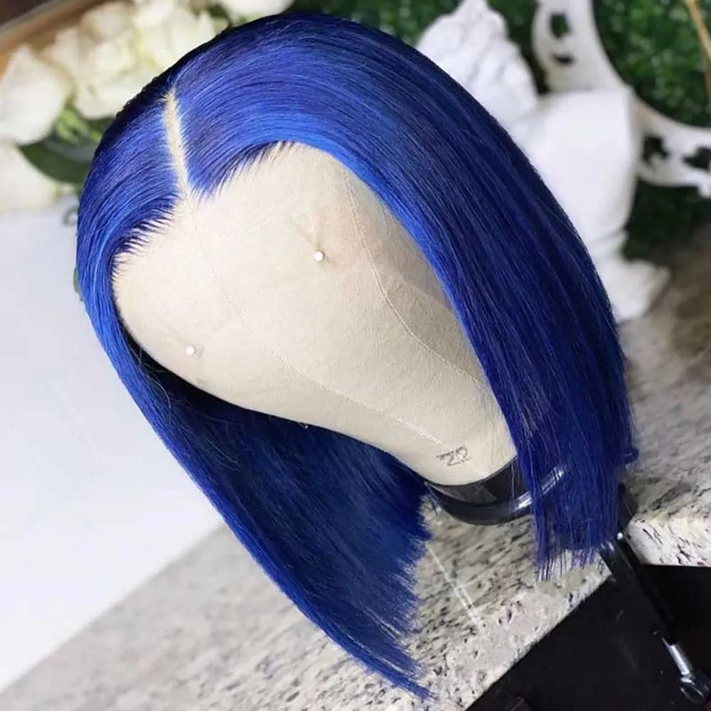 Sterly Dark Blue Wig Straight Colored Short Bob Transparent Frontal Lace Wig Human Hair