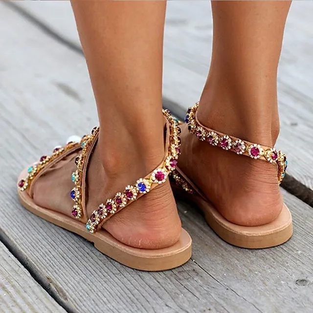 Women's Sandals Boho Bohemia Beach Flat Sandals Daily Beach Summer Rhinestone Crystal Flat Heel Open Toe Cute Casual Minimalism Faux Leather Loafer Solid Color Rainbow