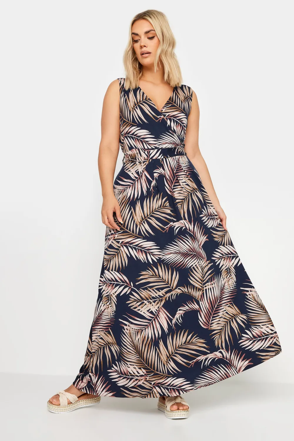 YOURS Curve Navy Blue Leaf Print Maxi Wrap Dress