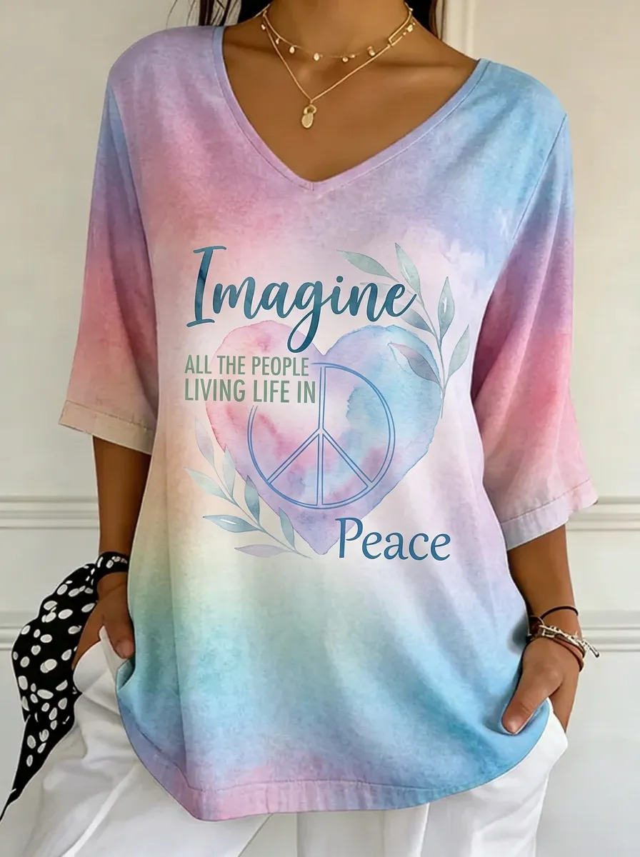 Women's Nashville Peace Heart Imagine Printed V-neck T-shirt