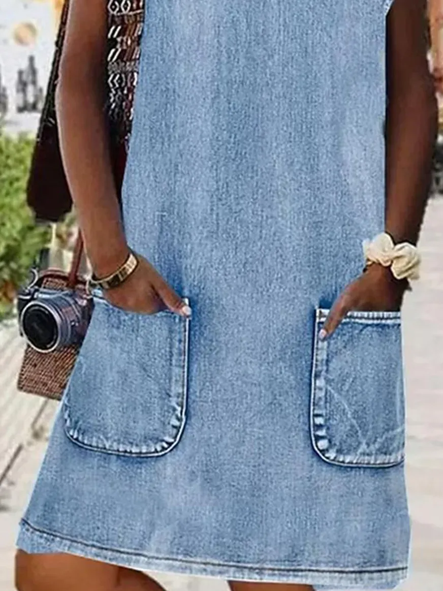 Washed Denim Button Front Sleeveless Mini Dress