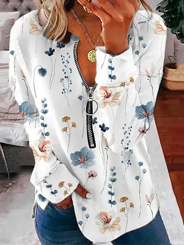 Women's Pullover Sweater Jumper Half Zip V Neck Ribbed Knit Polyester Zipper Print Summer Fall Outdoor Daily Going out Stylish Casual Soft Long Sleeve Leopard Floral Plaid Black White Red S M L