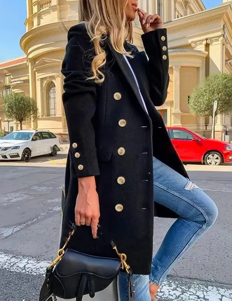 Womens Fall Winter Wool Coats Double Breasted Midi Peacoat Trench Coats